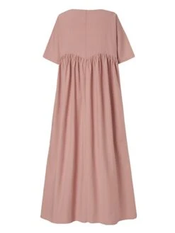Women's Casual Dress Cotton Linen Dress Swing Dress Long Dress Maxi Dress Black Pink Green Short Sleeve Pure Color Ruched Spring Fall Autumn Crew Neck Elegant Vacation Loose Fit 2022 S M L XL XXL 3XL -Cheap Plus Fit Dress Store fustnf1629970912756