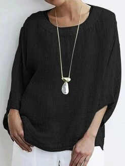 Women's Shirt Blouse Black Blue Plain Patchwork 3/4 Length Sleeve Casual Daily Round Neck Loose Fit Summer Spring & Summer Fall & Winter