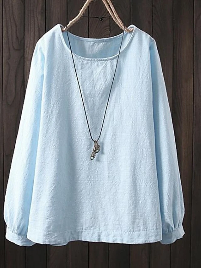 Women's Shirt Blouse Cotton Light Blue Black White Plain Long Sleeve Causal Crew Neck Regular Fit Spring Fall 4 Women's Shirt Blouse Cotton Light Blue Black White Plain Long Sleeve Causal Crew Neck Regular Fit Spring Fall - Image 4