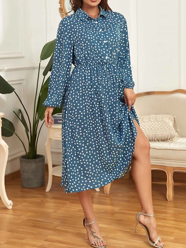 Women's Plus Size Shirt Dress Casual Dress Tunic Dress Midi Dress Outdoor Daily Date Polyester Basic Classic Shirt Collar Button Print Long Sleeve Spring Fall Winter 2023 Loose Fit Blue Floral XL 2XL 2 Women's Plus Size Shirt Dress Casual Dress Tunic Dress Midi Dress Outdoor Daily Date Polyester Basic Classic Shirt Collar Button Print Long Sleeve Spring Fall Winter 2023 Loose Fit Blue Floral XL 2XL - Image 2