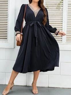 Women's Plus Size Party Dress Wedding Guest Dress Empire Waist Dresses Midi Dress Dark Blue Long Sleeve Pure Color Patchwork Spring Fall Winter V Neck Fashion Winter Dress Evening Party Wedding Guest
