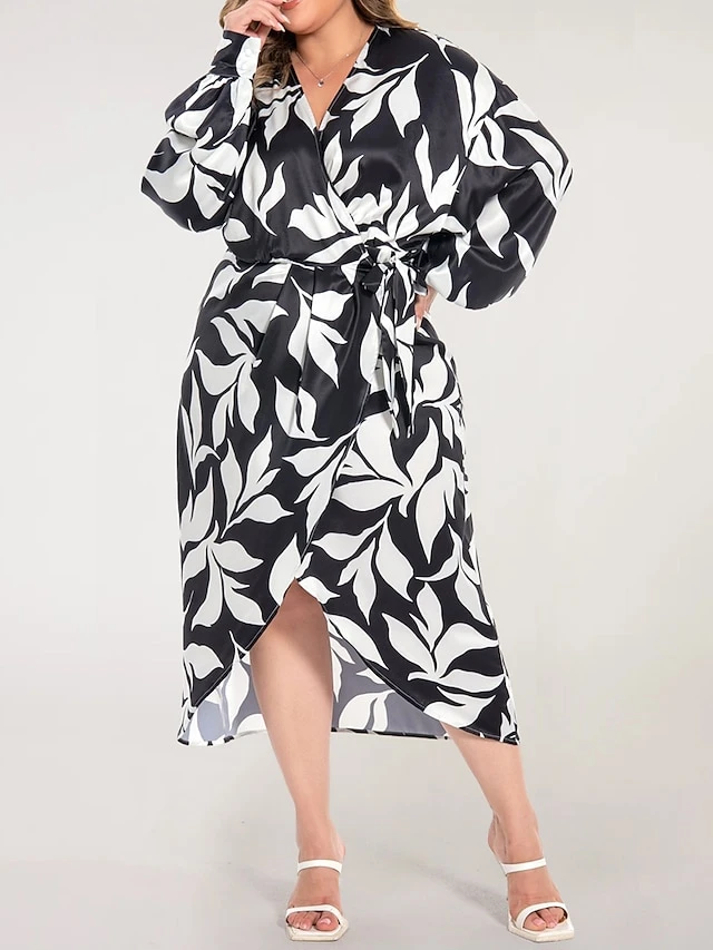 Women's Plus Size Curve Work Dress Satin Dress Wrap Dress Floral Midi Dress Long Sleeve Split V Neck Fashion Office Black Fall Winter L XL XXL 3XL 4XL 1 Women's Plus Size Curve Work Dress Satin Dress Wrap Dress Floral Midi Dress Long Sleeve Split V Neck Fashion Office Black Fall Winter L XL XXL 3XL 4XL