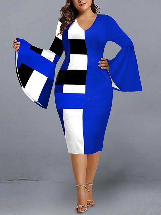 Women's Plus Size Curve Party Dress Cocktail Dress Work Dress Geometric Stripe Midi Dress Long Sleeve Print V Neck Fashion Party Black Red Fall Winter XL XXL 3XL 4XL 5XL 3 Women's Plus Size Curve Party Dress Cocktail Dress Work Dress Geometric Stripe Midi Dress Long Sleeve Print V Neck Fashion Party Black Red Fall Winter XL XXL 3XL 4XL 5XL - Image 3