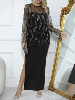 Women's Two Piece Dress Set Party Dress Sheath Dress Party Wedding Guest Fashion Party Mesh Split Long Dress Maxi Dress Crew Neck Long Sleeve Plain Loose Fit Black Fall Winter S M L XL XXL -Cheap Plus Fit Dress Store fvwxwa1696926230859