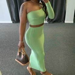 Women's Dress Set Two Piece Dress Skirt Set Long Dress Maxi Dress Black White Pink Long Sleeve Pure Color Cold Shoulder Summer Spring One Shoulder Stylish Winter Dress Fall Dress 2023 S M L