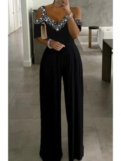 Women Party Jumpsuit Cut Out Solid Color Cold Shoulder Business Wedding Party Straight Regular Fit Short Sleeve Black S M L Spring Summer