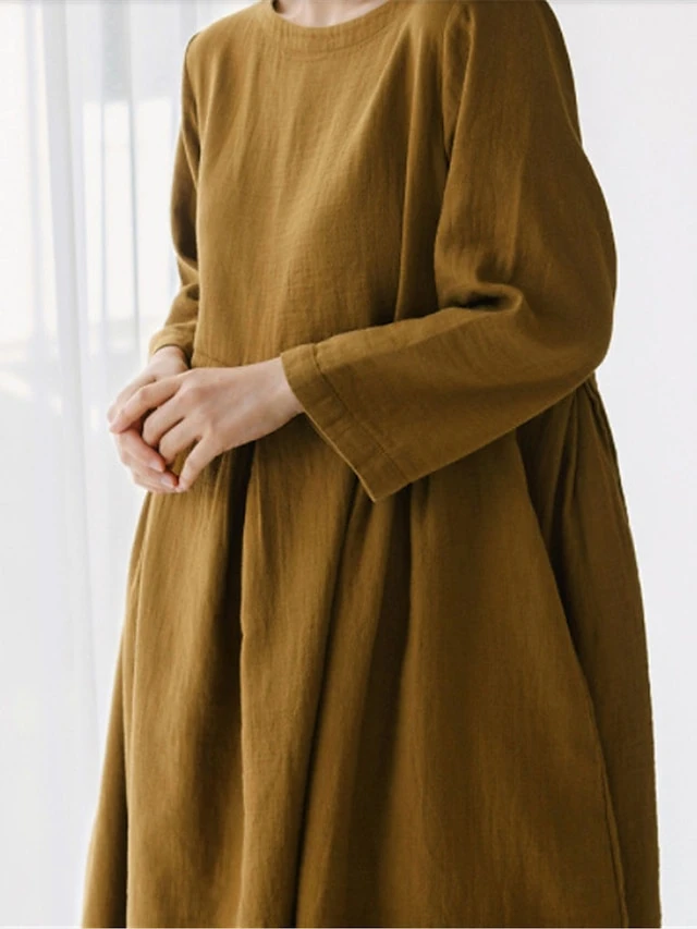 Women's Cotton Linen Dress Casual Dress Swing Dress Maxi Long Dress Cotton Blend Basic Classic Outdoor Daily Crew Neck Pocket Smocked Long Sleeve Summer Spring Fall 2023 Loose Fit Black Yellow Green 15 Women's Cotton Linen Dress Casual Dress Swing Dress Maxi Long Dress Cotton Blend Basic Classic Outdoor Daily Crew Neck Pocket Smocked Long Sleeve Summer Spring Fall 2023 Loose Fit Black Yellow Green - Image 15