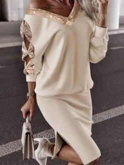 Women's Two Piece Dress Set Casual Dress Sequin Dress Daily Date Fashion Streetwear Patchwork Hollow Out Midi Dress V Neck Long Sleeve Plain Loose Fit Apricot Fall Winter S M L XL