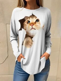Women's T Shirt Tee White Cat 3D Print Long Sleeve Daily Weekend Daily Basic Round Neck Regular Fit 3D Cat Painting Fall & Winter