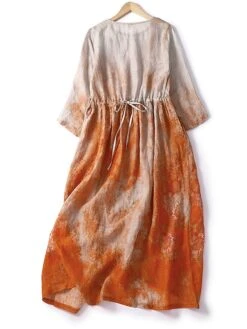 Women's Casual Dress Linen Dress Midi Dress Linen Fashion Romantic Outdoor Daily Holiday Crew Neck Pocket Print 3/4 Length Sleeve Fall Winter Autumn 2023 Loose Fit Blue Orange Painting Flower M L XL -Cheap Plus Fit Dress Store fxrict1694418652315