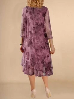 Women‘s Plus Size Curve Work Dress Swing Dress Semi Formal Dress Fashion Midi Dress Mesh Layered Crew Neck 3/4 Length Sleeve Floral Loose Fit Red Summer Spring L XL XXL 3XL 4XL -Cheap Plus Fit Dress Store fydciy1690868003783