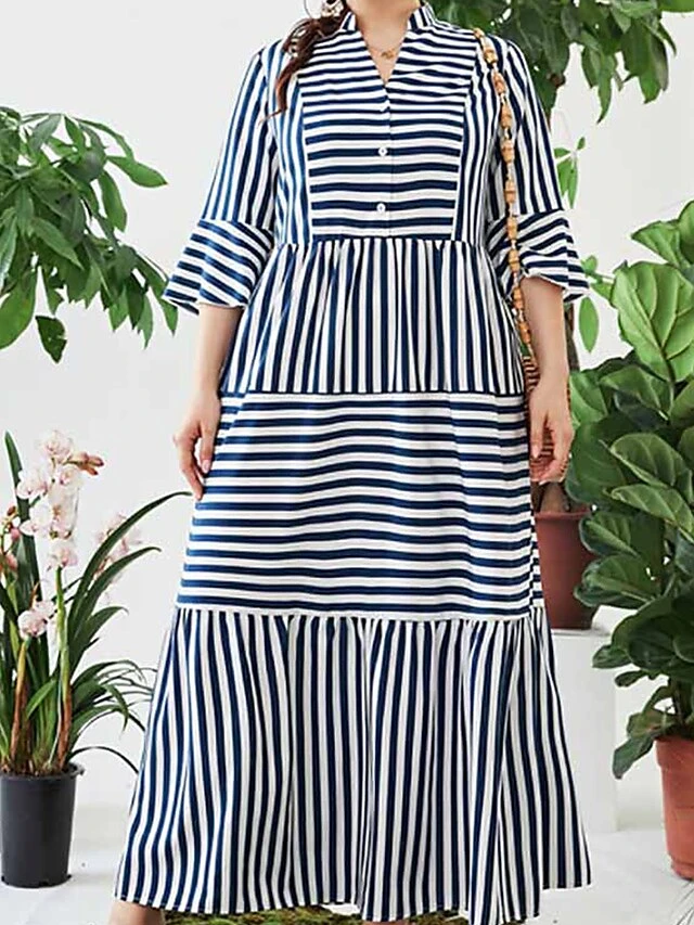 Women's Shirt Dress Casual Dress Maxi Long Dress Outdoor Daily Date Cotton Polyester Fashion Basic Stand Collar Patchwork Button Long Sleeve Fall 2023 Loose Fit Blue Striped L XL 2XL 3XL 4XL 7 Women's Shirt Dress Casual Dress Maxi Long Dress Outdoor Daily Date Cotton Polyester Fashion Basic Stand Collar Patchwork Button Long Sleeve Fall 2023 Loose Fit Blue Striped L XL 2XL 3XL 4XL - Image 7