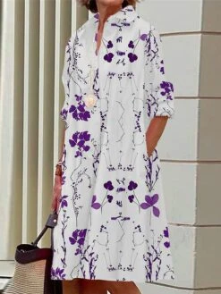 Women's Shirt Dress Casual Dress Midi Dress Outdoor Office Daily Polyester Fashion Modern Shirt Collar Button Pocket Long Sleeve Summer Spring Fall 2023 Loose Fit White Yellow Red Floral S M L XL 2XL -Cheap Plus Fit Dress Store fyumpj1690436818283