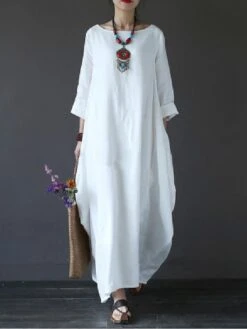 Women‘s Cotton Linen Dress Caftan Dress Shift Dress Long Dress Maxi Dress Green Red Light Blue White Black 3/4 Length Sleeve Pure Color Pocket Spring Summer Fall Boat Neck Basic Casual Loose Fit 2023