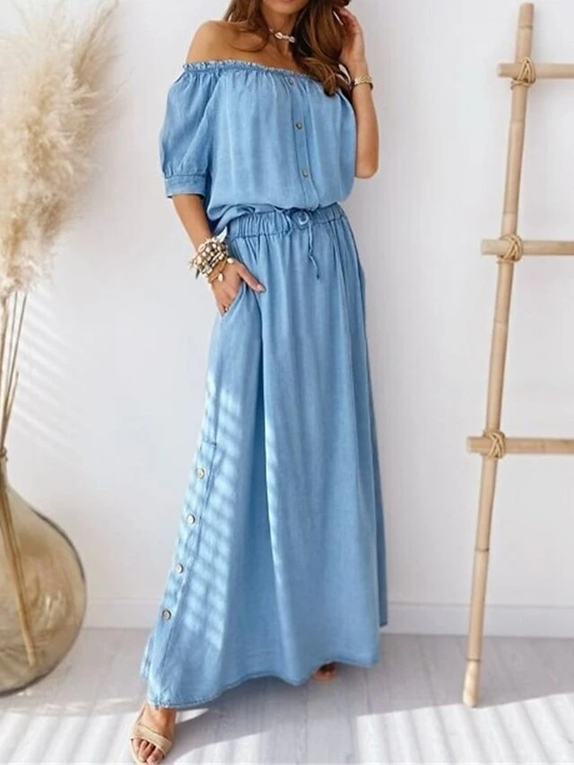Women's Two Piece Dress Set Casual Dress Skirt Set Outdoor Daily Modern Casual Pocket Drawstring Long Dress Maxi Dress Off Shoulder Half Sleeve Floral Loose Fit Blue Gray Summer Spring S M L XL XXL 1 Women's Two Piece Dress Set Casual Dress Skirt Set Outdoor Daily Modern Casual Pocket Drawstring Long Dress Maxi Dress Off Shoulder Half Sleeve Floral Loose Fit Blue Gray Summer Spring S M L XL XXL