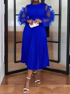 Women's Plus Size Curve Party Dress Formal Dress A Line Dress Plain Midi Dress Long Sleeve Pleated Ruffle Crew Neck Fashion Party Blue Fall Winter XL XXL 3XL 4XL -Cheap Plus Fit Dress Store fzusrm1694425977296