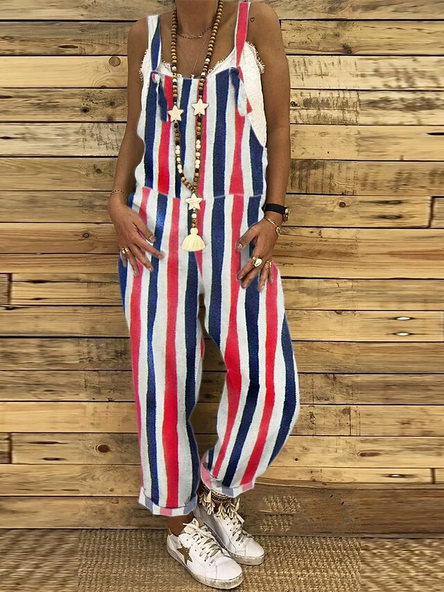 Women's Overall Pocket Print Striped Holiday Daily Vacation Straight Regular Fit Sleeveless Sleeveless Black White Red S M L Summer 5 Women's Overall Pocket Print Striped Holiday Daily Vacation Straight Regular Fit Sleeveless Sleeveless Black White Red S M L Summer - Image 5