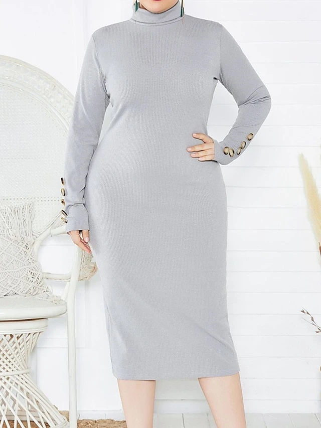 Women's Plus Size Curve Casual Dress Sweater Dress Bodycon Plain Midi Dress Long Sleeve Button Turtleneck Fashion Outdoor Wine Dark Blue Fall Winter XL XXL 3XL 4XL 5XL 4 Women's Plus Size Curve Casual Dress Sweater Dress Bodycon Plain Midi Dress Long Sleeve Button Turtleneck Fashion Outdoor Wine Dark Blue Fall Winter XL XXL 3XL 4XL 5XL - Image 4