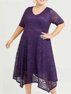 Women's Plus Size Curve Party Dress Lace Dress Cocktail Dress Midi Dress Blue Purple Half Sleeve Pure Color Lace Summer Spring Fall V Neck Fashion Birthday Wedding Guest Vacation 2023 XL XXL 3XL