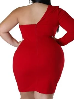 Women‘s Plus Size Curve Party Dress Solid Color One Shoulder Long Sleeve Fall Winter Formal Knee Length Dress Party Date Dress -Cheap Plus Fit Dress Store galtep1658995287702