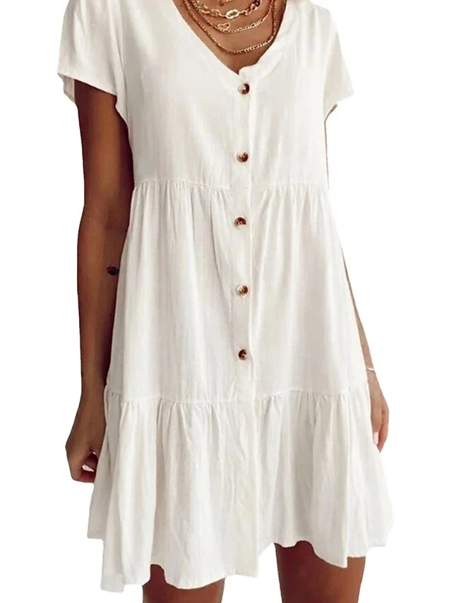 Women's Casual Dress Cotton Linen Dress Swing Dress Mini Dress Cotton Blend Basic Classic Outdoor Daily Vacation V Neck Ruched Button Short Sleeve Summer Spring 2023 Regular Fit White Blue Purple 2 Women's Casual Dress Cotton Linen Dress Swing Dress Mini Dress Cotton Blend Basic Classic Outdoor Daily Vacation V Neck Ruched Button Short Sleeve Summer Spring 2023 Regular Fit White Blue Purple - Image 2