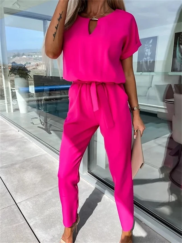 Women's Jumpsuits Casual Summer Lace Up High Waist Solid Color Crew Neck Business Office Work Loose Fit Short Sleeve Black Pink Fuchsia S M L 16 Women's Jumpsuits Casual Summer Lace Up High Waist Solid Color Crew Neck Business Office Work Loose Fit Short Sleeve Black Pink Fuchsia S M L - Image 16