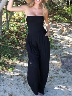 Women's Jumpsuit Pocket Solid Color Strapless Streetwear Daily Vacation Regular Fit Sleeveless Black S M L Summer -Cheap Plus Fit Dress Store gaylpo1678258846565