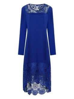 Women‘s Plus Size Curve Party Dress Lace Dress Cocktail Dress Midi Dress Black Wine Blue Long Sleeve Pure Color Lace Summer Spring Fall Crew Neck Fashion Winter Dress Birthday Wedding Guest 2023 -Cheap Plus Fit Dress Store gbguny1690875120873