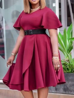 Women‘s Plus Size Curve Flattering Dresses Elegant Apple Shaped Dress Wedding Guest Work Dress Pure Color V Neck Ruffle Short Sleeve Spring Fall Work Knee Length Dress Going Out Work Dress