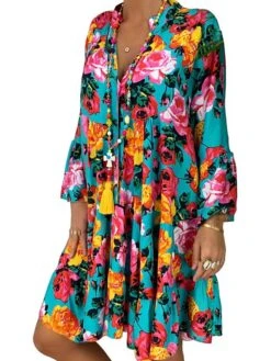 Women‘s Plus Size Curve Casual Dress Floral V Neck Print Long Sleeve Fall Spring Casual Short Mini Dress Daily Vacation Dress -Cheap Plus Fit Dress Store gbujtb1660643933783