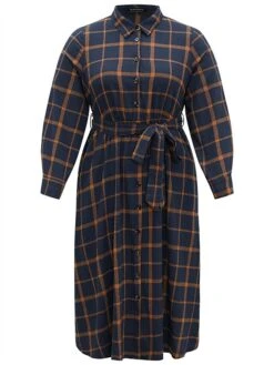 Women's Plus Size Curve Shirt Dress Casual Dress Swing Dress Plaid Midi Dress Long Sleeve Lace Up Button Shirt Collar Fashion Outdoor Dark Blue Fall Winter L XL 2XL 3XL 4XL -Cheap Plus Fit Dress Store gbvuul1697164757865