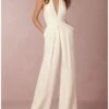 White Jumpsuit For Women Pocket Solid Color V Neck Wedding Elegant Party Vacation Regular Fit Sleeveless Blue Black S M L Spring Fall