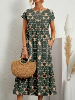 Women's Casual Dress Cotton Linen Dress Swing Dress Midi Dress Linen / Cotton Blend Fashion Casual Outdoor Daily Holiday Crew Neck Pocket Print Short Sleeve Summer Spring 2023 Loose Fit ArmyGreen -Cheap Plus Fit Dress Store gcegrr1689326966650