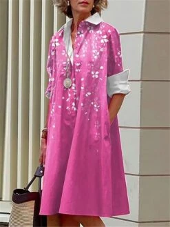 Women's Shirt Dress Casual Dress Midi Dress Outdoor Office Daily Polyester Fashion Modern Shirt Collar Button Pocket Long Sleeve Fall Winter 2023 Loose Fit Dark Pink Blue Gray Floral Geometric S M L
