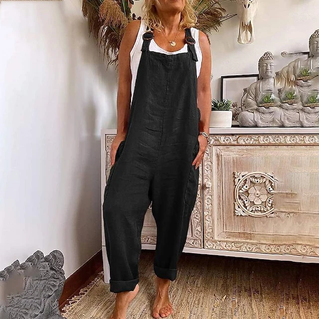 Women's Jumpsuits Casual Bib Utility Rompers Side Pockets Full Length Pants Weekend Inelastic Plain Faux Linen Comfort Mid Waist Green Black Red S M L XL XXL Summer Fall 2 Women's Jumpsuits Casual Bib Utility Rompers Side Pockets Full Length Pants Weekend Inelastic Plain Faux Linen Comfort Mid Waist Green Black Red S M L XL XXL Summer Fall - Image 2