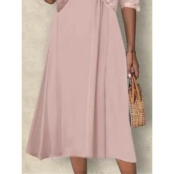 Women's Two Piece Dress Set Party Dress Lace Dress Party Wedding Guest Elegant Modern Lace Patchwork Midi Dress Crew Neck Half Sleeve Floral Plain Regular Fit Pink Blue Purple Summer Spring S M L XL -Cheap Plus Fit Dress Store gcptty1687230640830