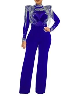 Women's Jumpsuit High Waist Tassel Solid Color Stand Collar Elegant Party Regular Fit Long Sleeve Green Blue Fuchsia S M L Winter -Cheap Plus Fit Dress Store gcsfmn1665571021182