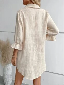 Women's Shirt Dress Casual Dress Mini Dress Outdoor Daily Vacation Cotton Linen Classic Modern Shirt Collar Ruffle Button 3/4 Length Sleeve Summer Spring 2023 Regular Fit Apricot Plain S M L XL 2XL -Cheap Plus Fit Dress Store gdcsme1689824837298
