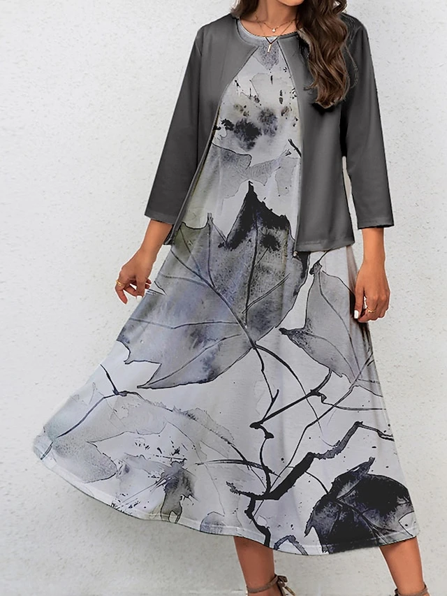 Women's Two Piece Dress Set Casual Dress Swing Dress Outdoor Office Fashion Streetwear Print Midi Dress Crew Neck 3/4 Length Sleeve Leaf Regular Fit Yellow Green Gray Fall Winter S M L XL XXL 5 Women's Two Piece Dress Set Casual Dress Swing Dress Outdoor Office Fashion Streetwear Print Midi Dress Crew Neck 3/4 Length Sleeve Leaf Regular Fit Yellow Green Gray Fall Winter S M L XL XXL - Image 5