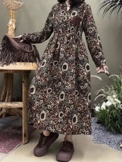 Women's Casual Dress Cotton Linen Dress Swing Dress Maxi Long Dress Linen Cotton Blend Daily Casual Outdoor Daily Vacation Split Neck Button Print Long Sleeve Spring Fall Winter 2023 Loose Fit Yellow -Cheap Plus Fit Dress Store gdhpvi1695284226728
