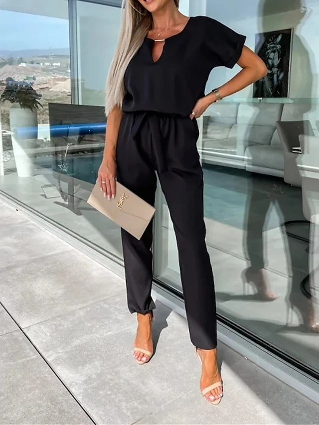 Women's Jumpsuits Casual Summer Lace Up High Waist Solid Color Crew Neck Business Office Work Loose Fit Short Sleeve Black Pink Fuchsia S M L 7 Women's Jumpsuits Casual Summer Lace Up High Waist Solid Color Crew Neck Business Office Work Loose Fit Short Sleeve Black Pink Fuchsia S M L - Image 7