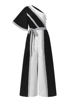 Women's Jumpsuit Lace Up High Waist Color Block One Shoulder Elegant Party Cocktail Party Regular Fit Half Sleeve Black Red Blue S M L Spring