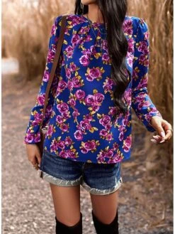 Women's Shirt Blouse Black Red Blue Graphic Floral Print Long Sleeve Casual Holiday Fashion Round Neck Regular Fit Floral Spring &Fall -Cheap Plus Fit Dress Store gdtlbk1694084749931