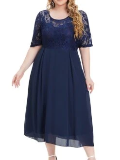Women's Plus Size Party Dress Lace Dress Cocktail Dress Midi Dress Dark Blue Half Sleeve Pure Color Lace Fall Winter Autumn Crew Neck Fashion Winter Dress Wedding Guest Vacation 2023 XL XXL 3XL 4XL