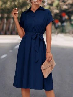 Women's Shirt Dress Casual Dress Midi Dress Outdoor Daily Date Polyester Casual Classic Shirt Collar Lace Up Ruched Short Sleeve Summer Spring 2023 Loose Fit Black Blue Rose Red Plain S M L XL -Cheap Plus Fit Dress Store gegbgq1677739299771