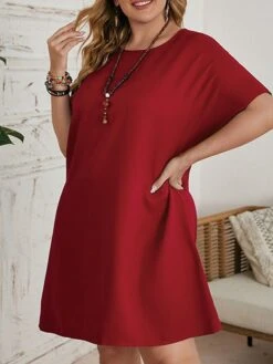 Women‘s Plus Size Curve Casual Dress T Shirt Dress Tee Dress Shift Dress Solid Color Midi Dress Short Sleeve Crew Neck Basic Daily Black Red Spring Summer L 3XL 4XL 5XL 6XL -Cheap Plus Fit Dress Store genbwo1672223211503