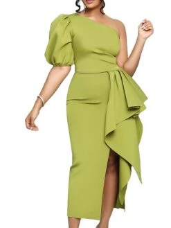 Women‘s Plus Size Curve Elegant Apple Shaped Dress Wedding Guest Party Dress Solid Color One Shoulder Short Sleeve Spring Fall Prom Dress Midi Dress Party Date Dress