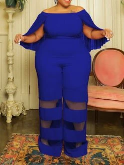 Women's Jumpsuit Mesh Patchwork Solid Color Off Shoulder Elegant Party Office Regular Fit 3/4 Length Sleeve Black Red Blue XL XXL 3XL Summer