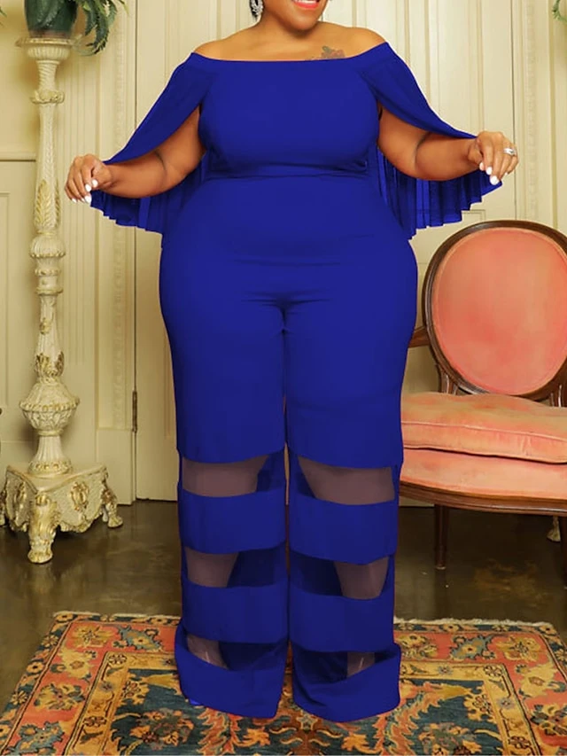 Women's Jumpsuit Mesh Patchwork Solid Color Off Shoulder Elegant Party Office Regular Fit 3/4 Length Sleeve Black Red Blue XL XXL 3XL Summer 1 Women's Jumpsuit Mesh Patchwork Solid Color Off Shoulder Elegant Party Office Regular Fit 3/4 Length Sleeve Black Red Blue XL XXL 3XL Summer