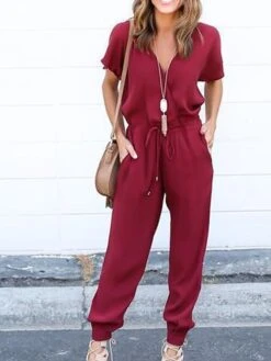 Black Jumpsuit For Women Lace Up Patch PocketSolid Color V Neck Streetwear Daily Vacation Loose Fit Short Sleeve Wine Blue S M L Spring -Cheap Plus Fit Dress Store gfqake1676363683056
